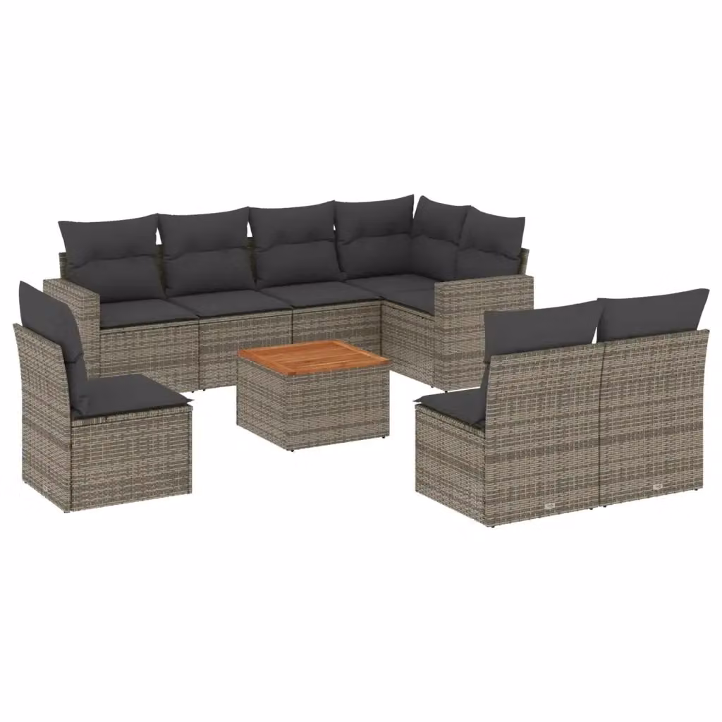 vidaXL Set Divano da Giardino 9 pz in Polyrattan con Cuscini e Tavolino da Caffè, Grigio e Marrone – 2