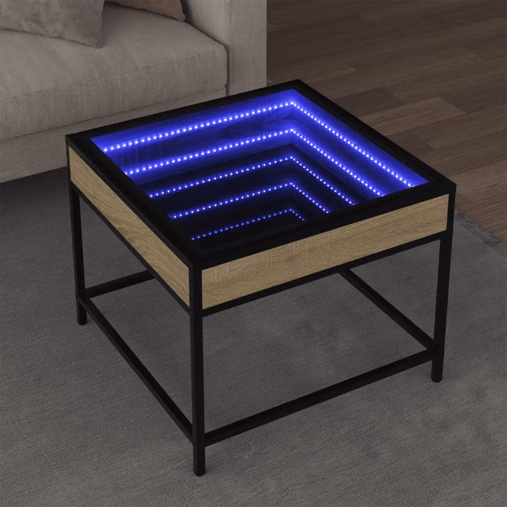 vidaXL Tavolino da Salotto Moderno con LED in Rovere e Vetro, L/P/H: 50 x 50 x 41 cm
