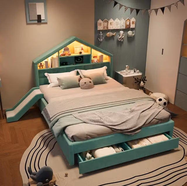 Letto per bambini imbottito 140x200 cm in velluto blu-verde con scivolo; LED e vano estraibile