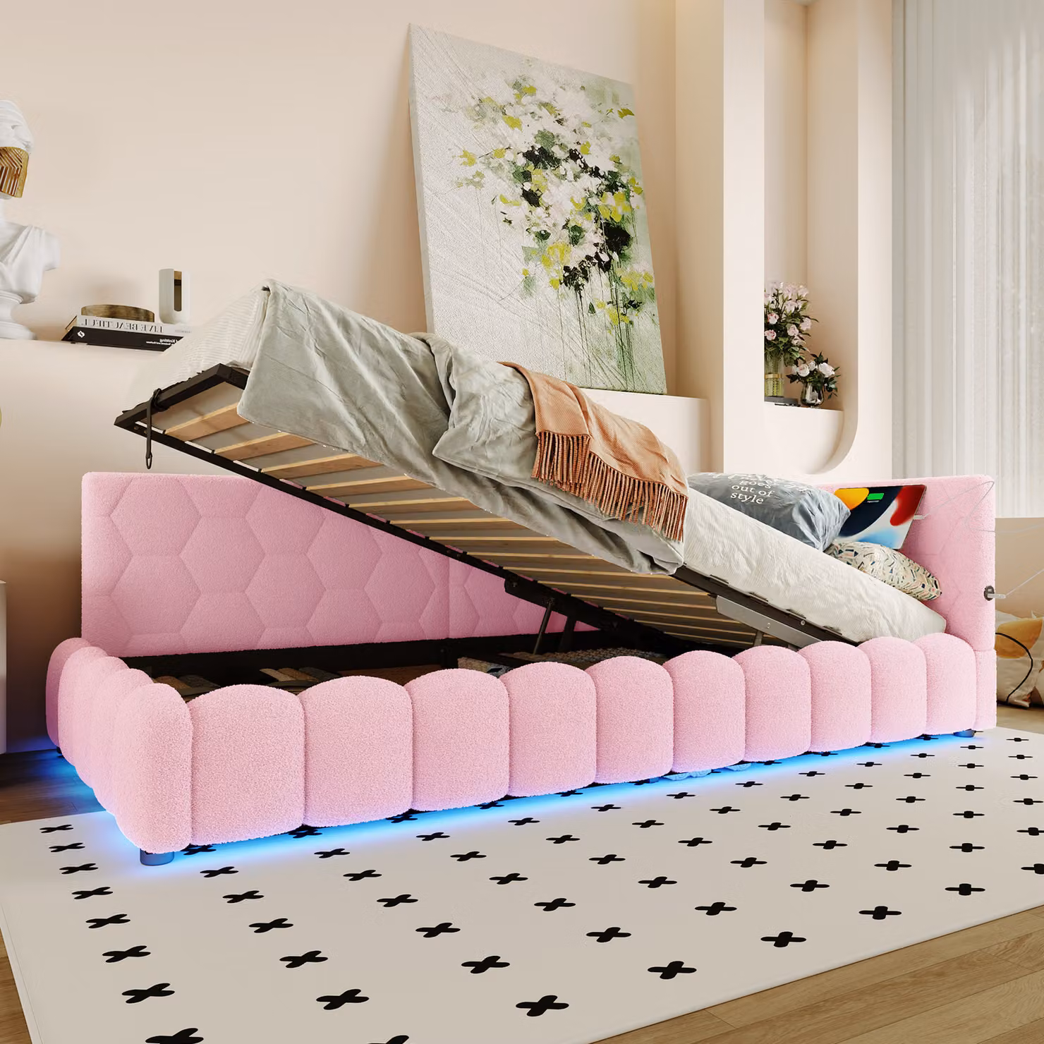 MODFU Divano letto con materasso 90×200 Letto da giorno con meccanismo di sollevamento idraulico, con barra luminosa a LED, letto per ragazzi con luce LED e connessione USB, rosa