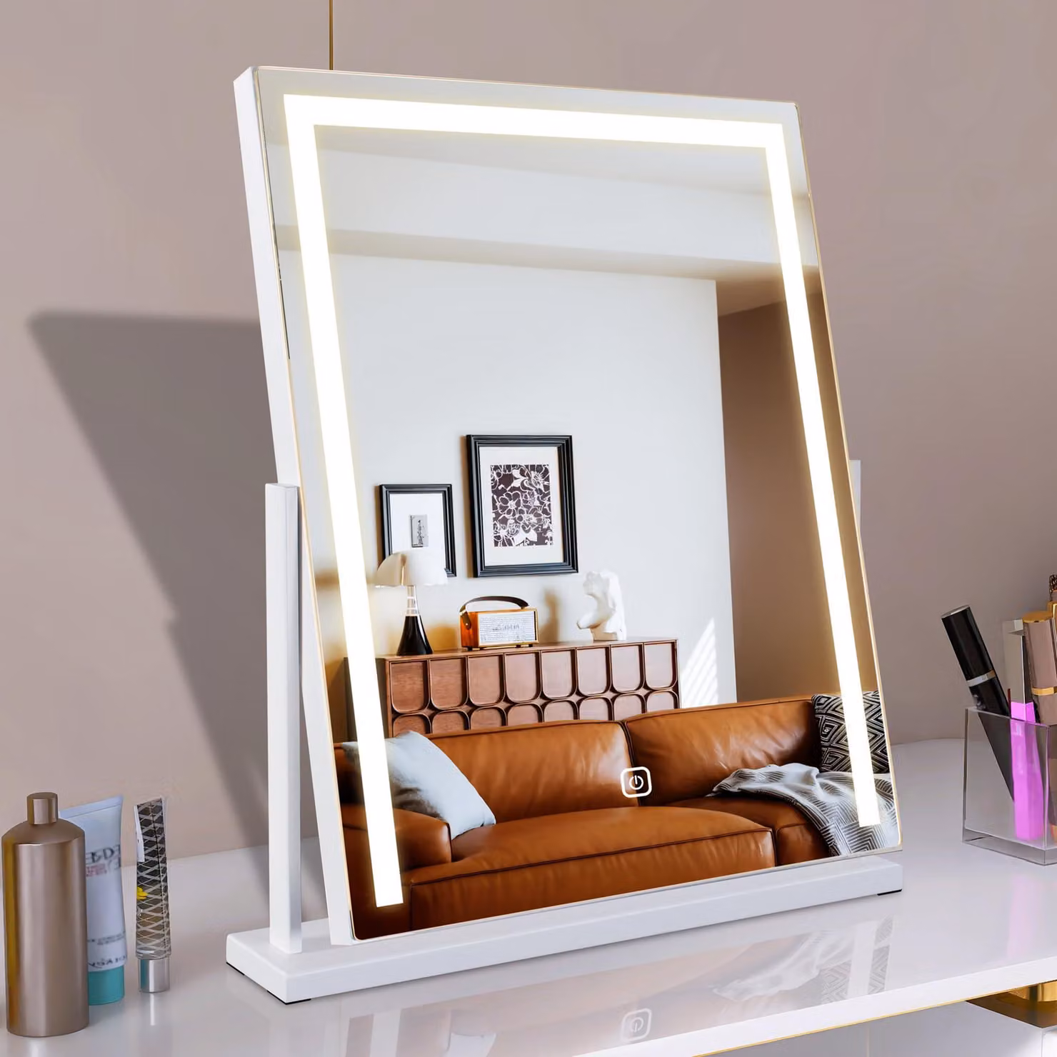 Specchio da trucco a LED, 52x58 cm, con dimmer touch, rotazione a 360°, colore bianco