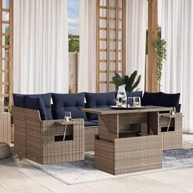 Set da giardino moderno vidaXL composto da 7 pezzi con divano a 3 posti, elementi angolari, tavolino da caffè e cuscini in tessuto blu e grigio con struttura in metallo e rattan
