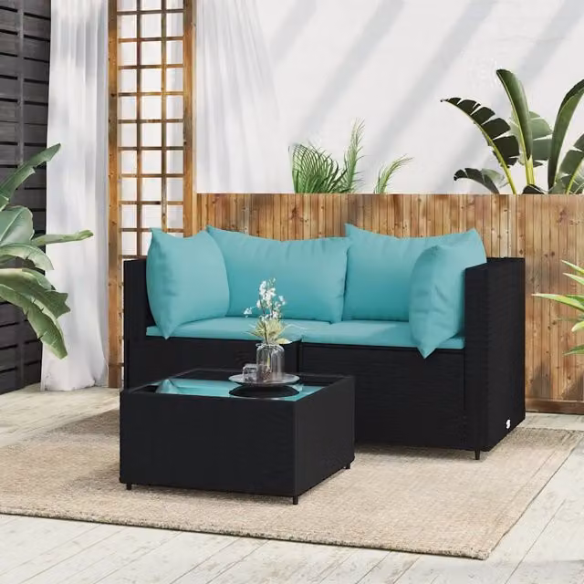 Set da giardino moderno vidaXL composto da divano a 2 posti, elemento angolare e tavolino con cuscini in blu e nero