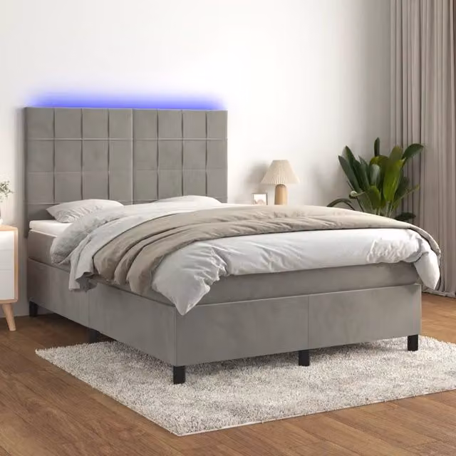 Letto matrimoniale con materasso ibrido e illuminazione LED vidaXL in velluto grigio chiaro L/P/H: 203 x 144 x 128 cm