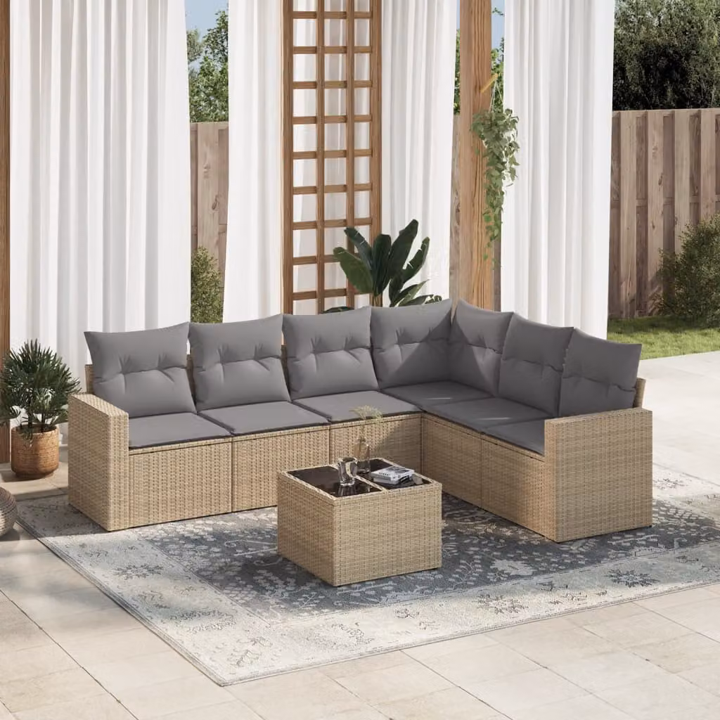 Set di divani da giardino vidaXL in polyrattan beige con cuscini e tavolino da esterno a forma di L – 1