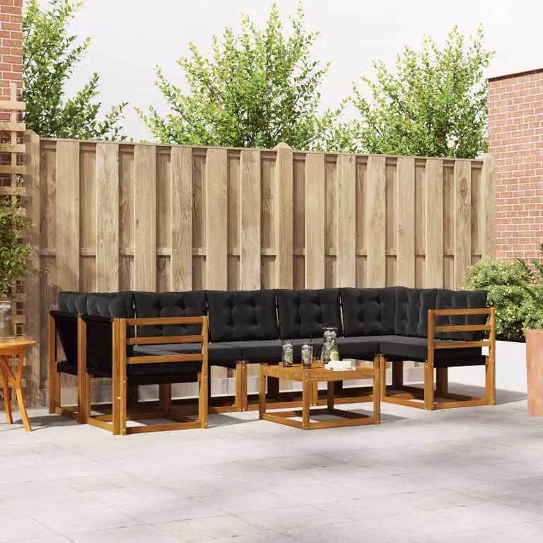 Set di divani da esterno vidaXL 8 pz in legno di acacia con tavolo da caffè e cuscini, colore marrone e nero