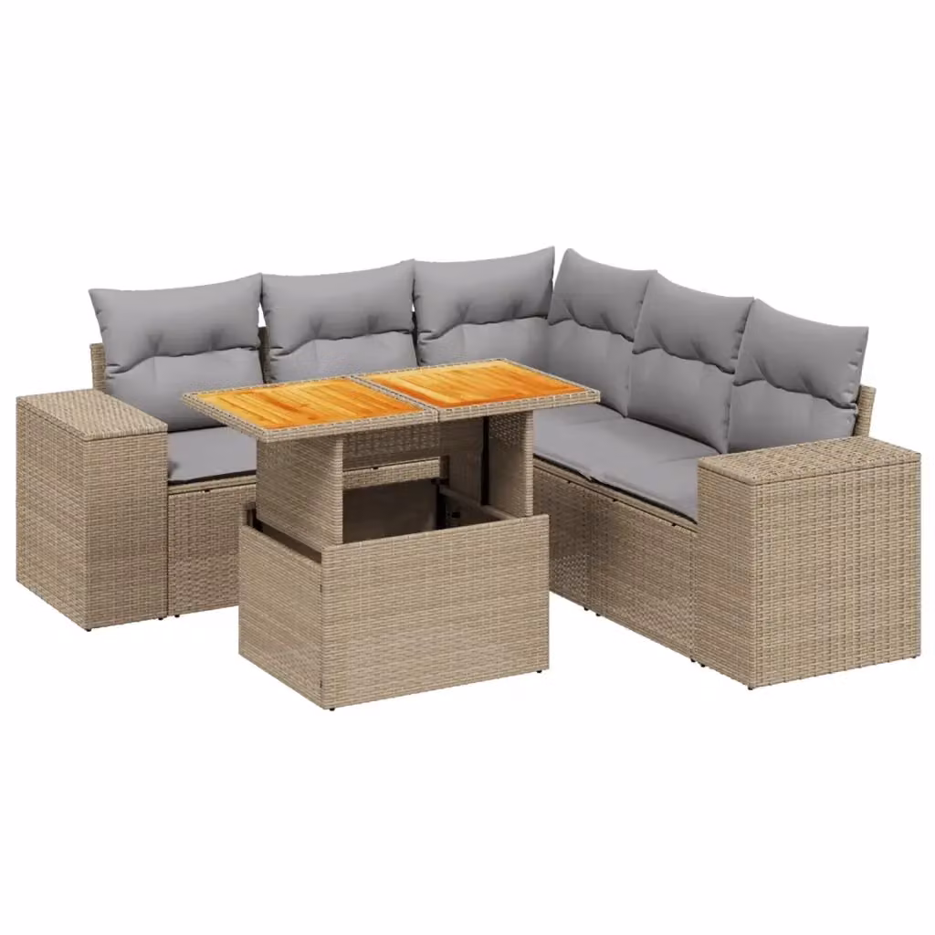 vidaXL Set Divano da Giardino a L da 6 pz in Polyrattan con Cuscini Beige e Tavolino da Esterno – 2