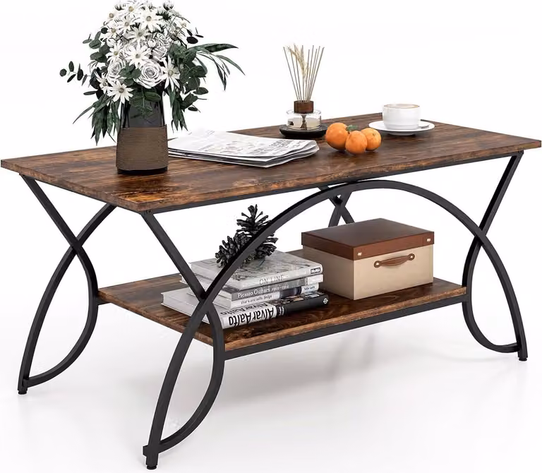 Tavolino da caffè COSTWAY, tavolino da caffè con ripiano e struttura in metallo, tavolino da salotto, tavolino da divano per soggiorno, 100 x 50 x 45 cm (marrone-nero vintage)