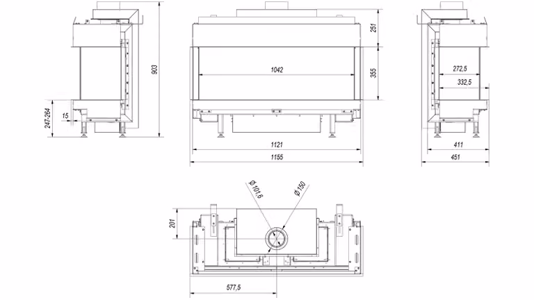 KRATKI LEO 100 caminetto a gas naturale trifacciale ∅ 100/150 9 kW