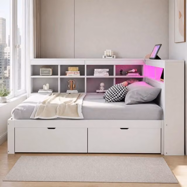 Letto singolo multifunzionale 90 × 200 cm con ripiani cassetti LED a colori porta USB in legno bianco