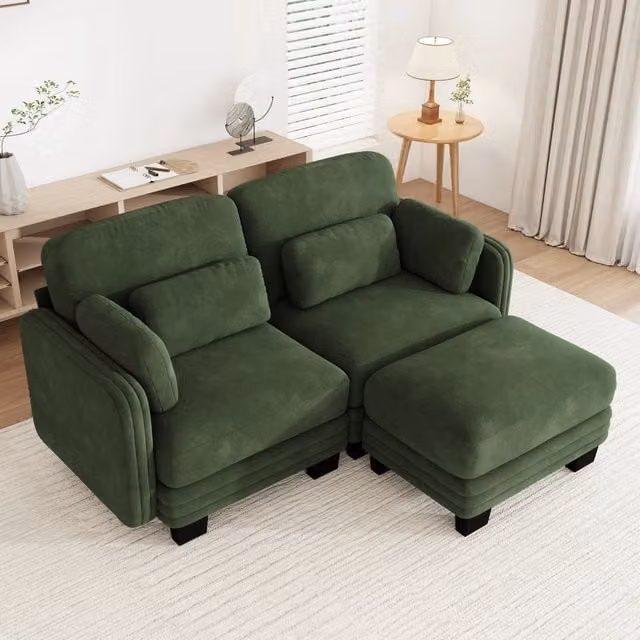 Divano modulare con ottomana in ciniglia verde 176x143x88 cm per soggiorno