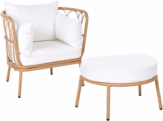 Sedia da Giardino con Poggiapiedi in Rattan PE Marrone Chiaro Struttura in Acciaio e Gambe in Metallo Cuscini Bianco Sporco Arredo da Esterno