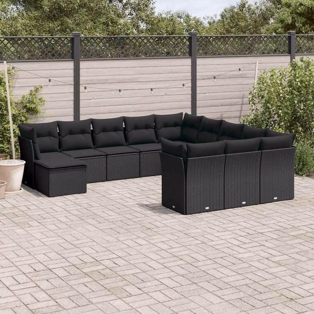 vidaXL Set Divani da Giardino a Forma di U in Polyrattan Nero con Cuscini e Ottoman – 1