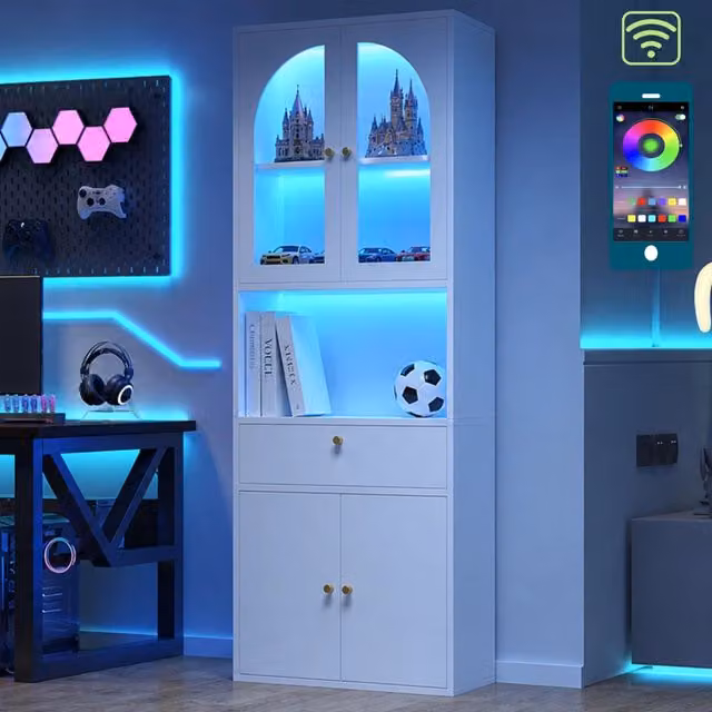 Vetrina in vetro bianca 70x35x180 cm con strisce LED RGB multicolore dimmerabili controllabili via app smartphone