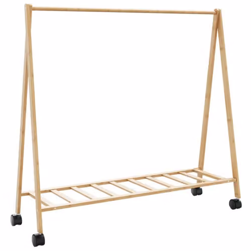 Stand Appendiabiti Pieghevole in Bambù con Ruote e Ripiano (106 x 34 x 106,5 cm)