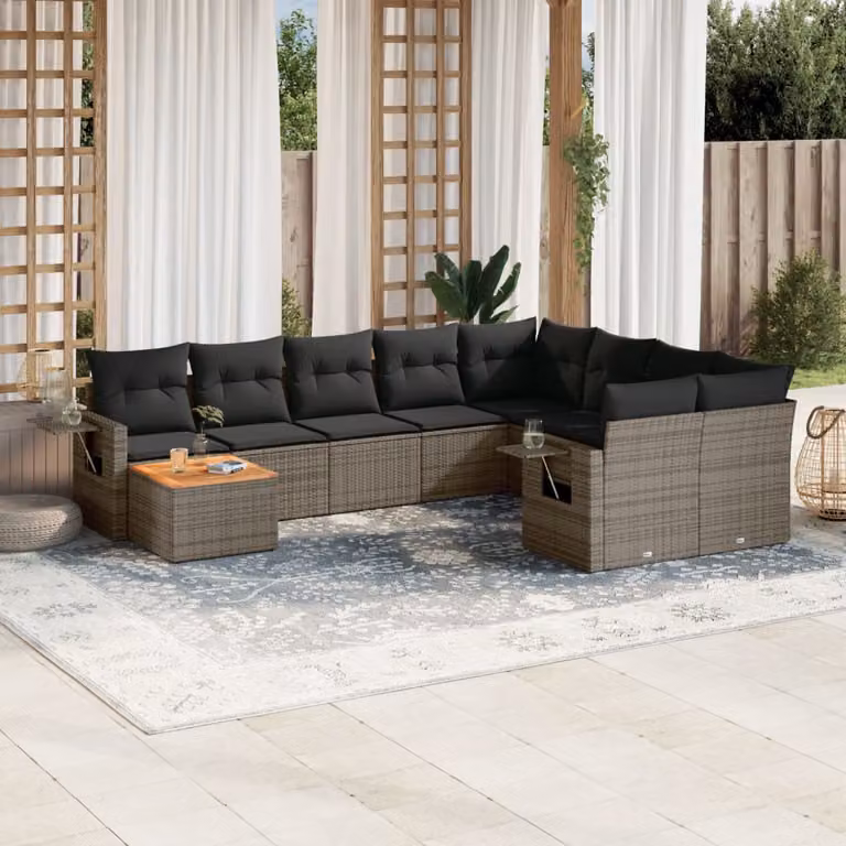 vidaXL Set Divano da Giardino 10 pz in Polyrattan Grigio con Cuscini e Tavolino da Caffè