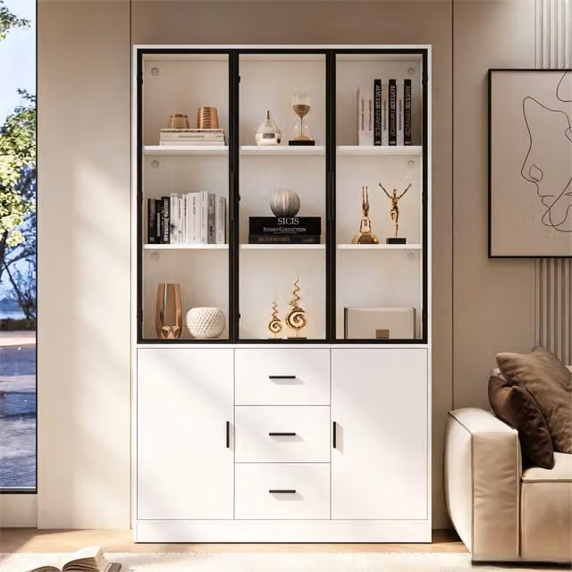 Vetrina alta WISHDOR con ante in vetro, illuminazione integrata e cassetti, bianco, L: 120 cm, P: 30 cm, H: 200 cm
