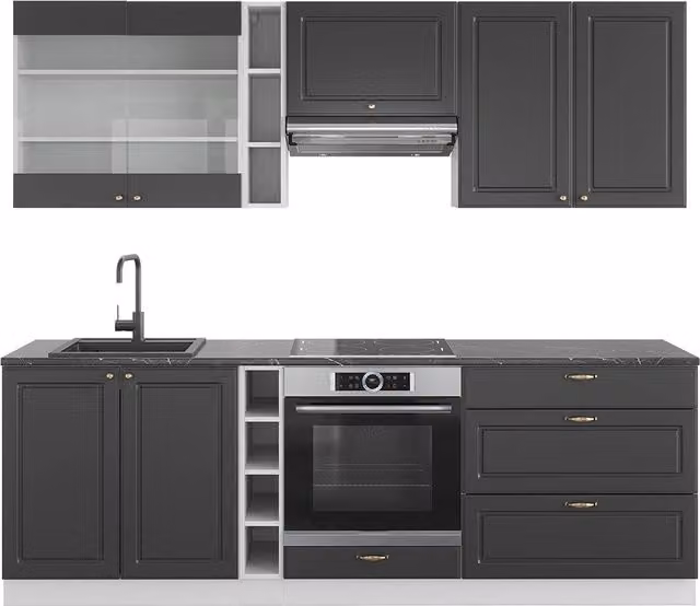 Cucina componibile moderna Fame-Line Vicco, colore antracite, oro e bianco, L: 235 cm – 1