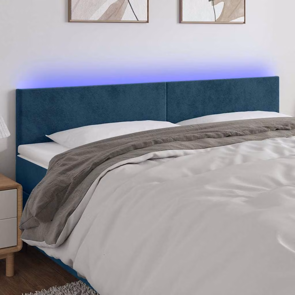 Testiera per letto vidaXL in tessuto blu scuro con illuminazione LED e porta di ricarica USB, L 160 cm, P 5 cm, H 78-88 cm