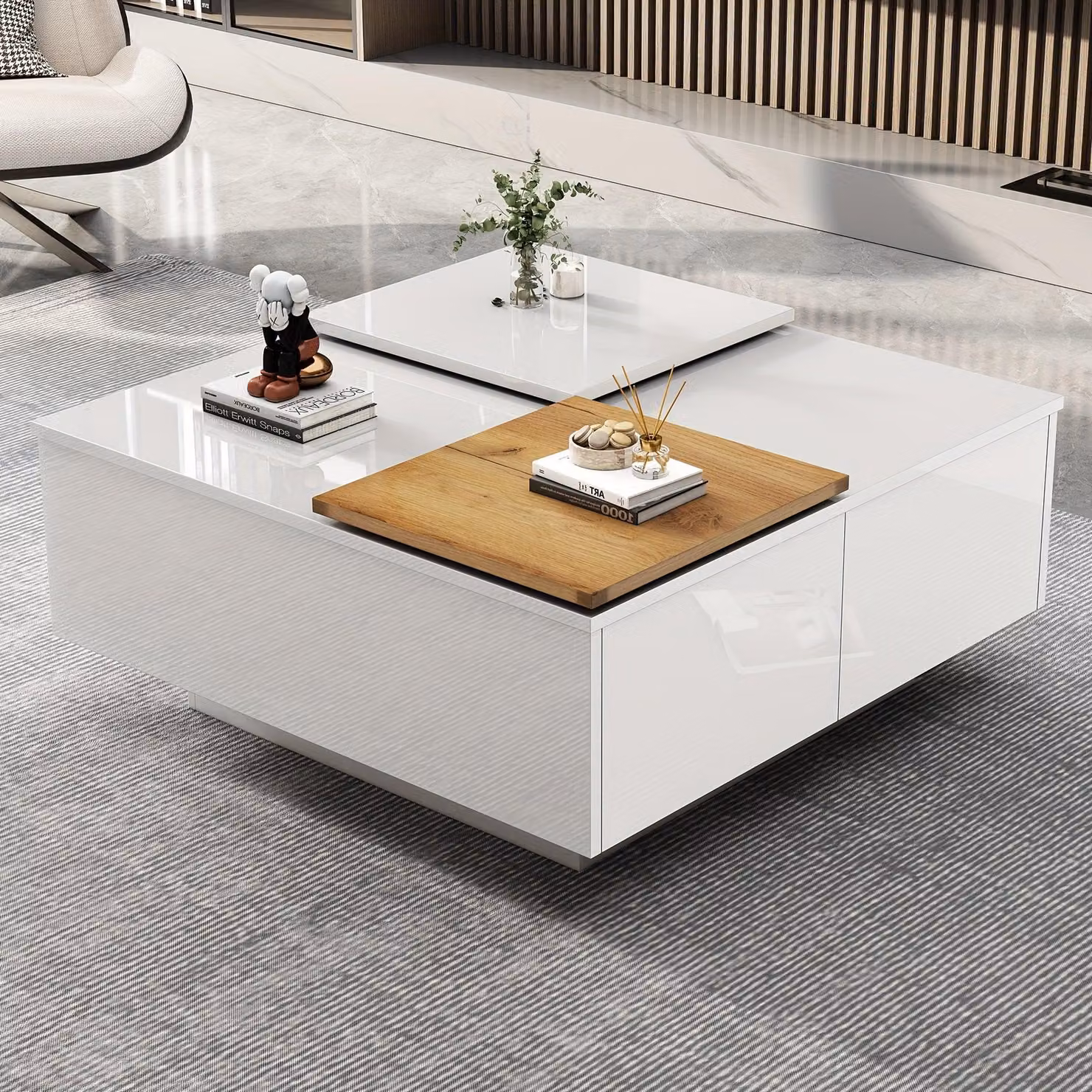 Tavolino – Mobile per il soggiorno – Bianco lucido – Cassetto scorrevole con spazio contenitivo – Design compatto