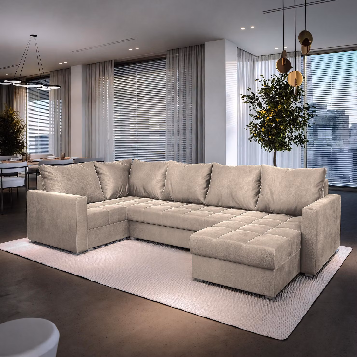Divano angolare Masseno LORIVO L-S con funzione letto a U, divano con box letto, divano da soggiorno, divano, divano letto, set di divani - beige, PAROS 02