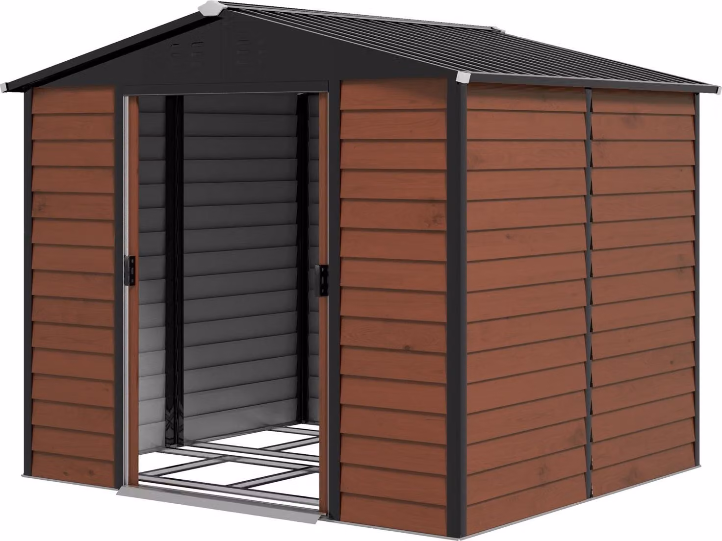 Capanno per attrezzi 4,4 m², capanno da giardino con tetto spiovente, porta scorrevole, fondazione, 240 x 206 x 198 cm, capanno per attrezzi in acciaio zincato, resistente alle intemperie, per giardino, teak