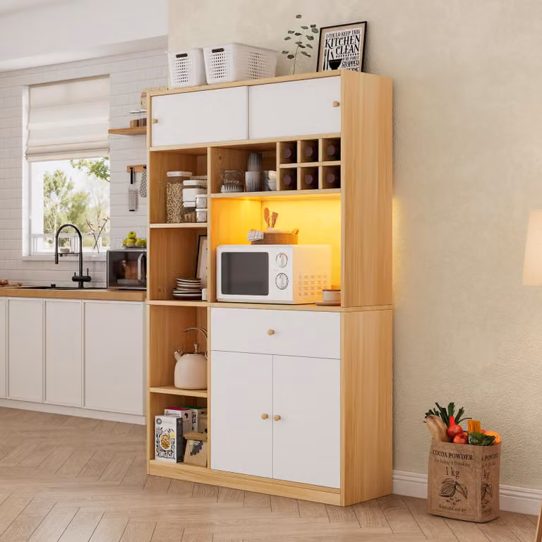 Credenza da cucina Fliek con armadio a LED, un cassetto e tre ante, supporto per credenza, armadio da cucina 115x35x180 cm, bianco