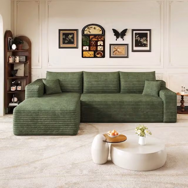 Divano angolare modulare 241x151x58 cm; divano effetto nuvola con seduta profonda; senza montaggio; velluto a coste; verde