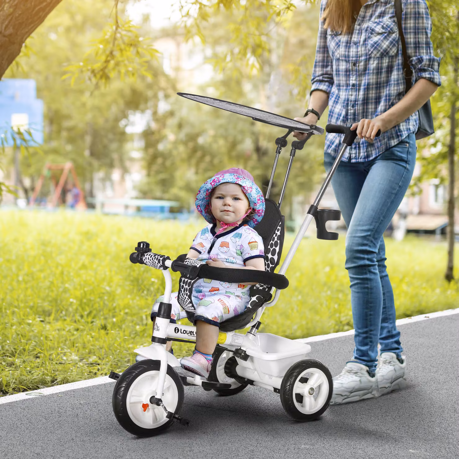 Triciclo per bambini HOMCOM con maniglione di spinta, tettuccio, barra di sicurezza e box, Bianco e Nero, L: 105 cm, P: 47 cm, H: 89 cm – 2
