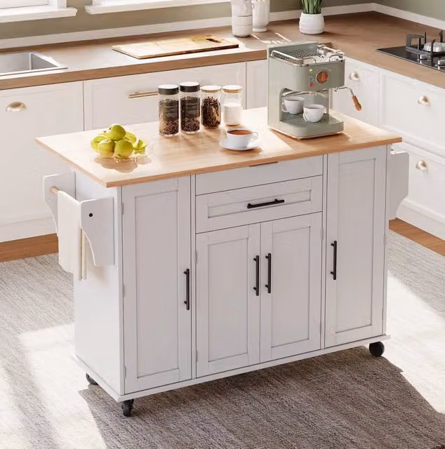 Isola cucina mobile 136x70x92 cm in MDF bianco e naturale con piano allungabile