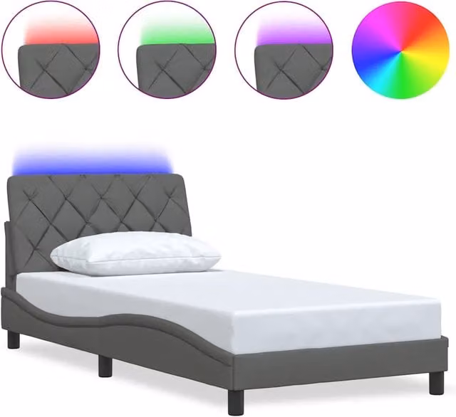 Letto singolo moderno con illuminazione LED sottostante e porta USB, rivestimento in tessuto grigio, L/P/H: 200 x 100 x 74,5 cm – 1