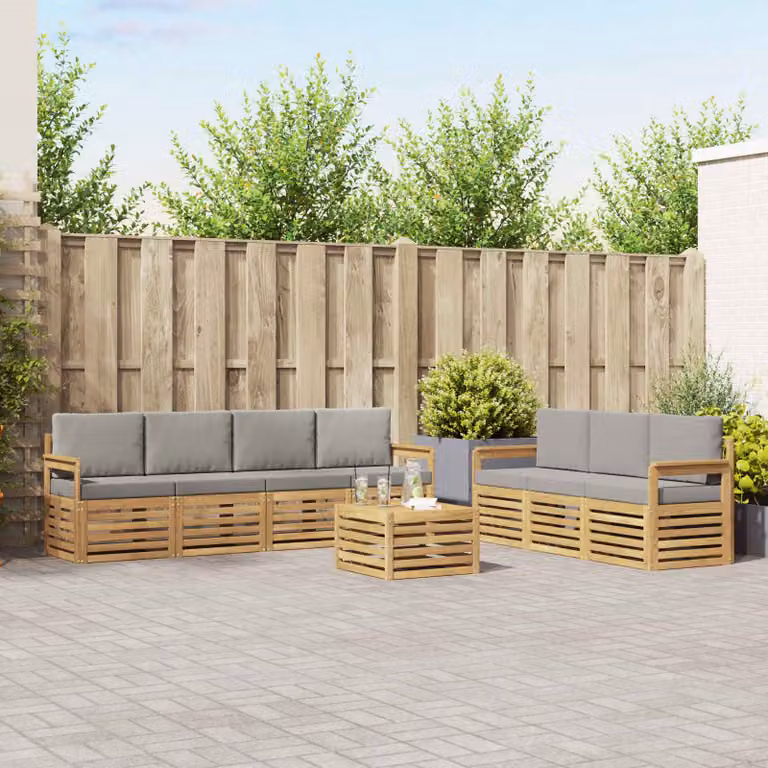 Set di divani da giardino vidaXL a forma di L composto da 8 pezzi in legno di acacia con cuscini, colore bianco e grigio