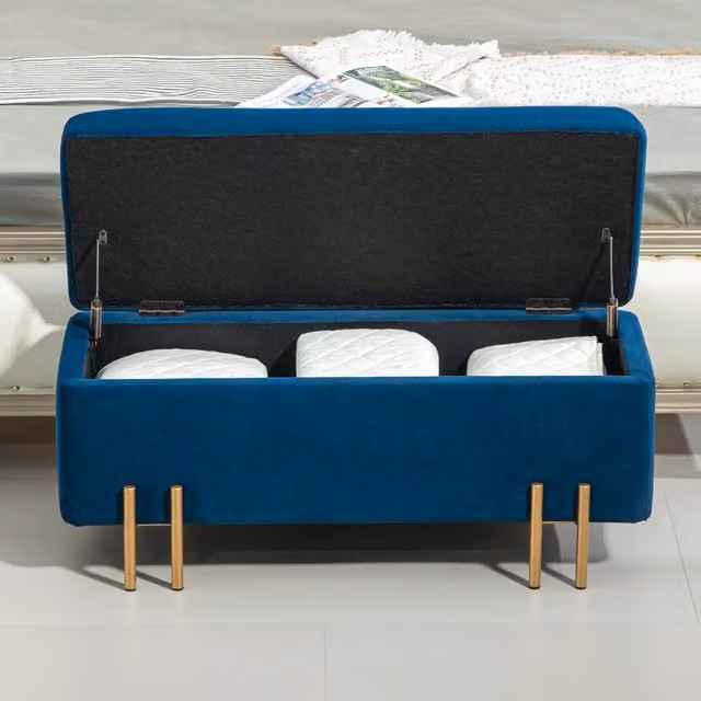 Panca contenitore REDOM in legno e metallo con rivestimento in velluto blu L 100 cm x P 40 cm x H 42 cm