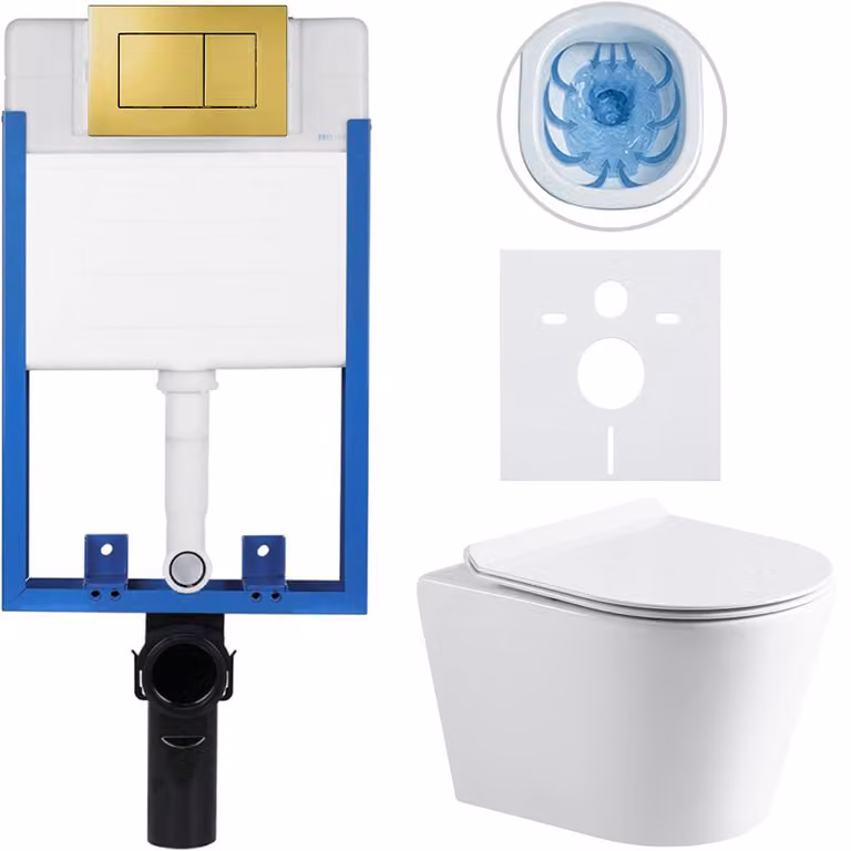 CERANO - Set completo per WC da incasso Lite/Norbi - bianco lucido - pulsante WC Classic, dorato - da incasso - 48,5x36,5 cm