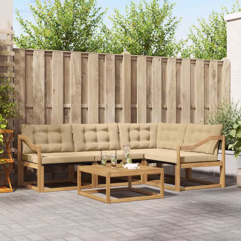 Set di divani da esterno vidaXL 5 pezzi a forma di L con tavolo da caffè, struttura in legno di acacia trattato e cuscini in tessuto bianco e beige