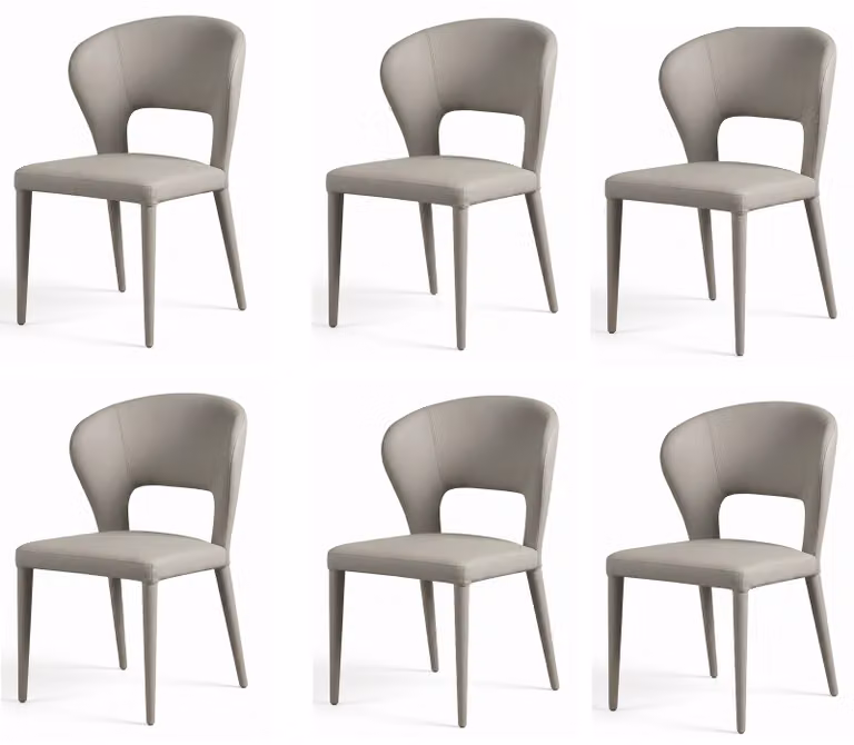 Set di 6 sedie da pranzo in stile italiano, dal design leggero, color grigio chiaro, rivestite in ecopelle grigia