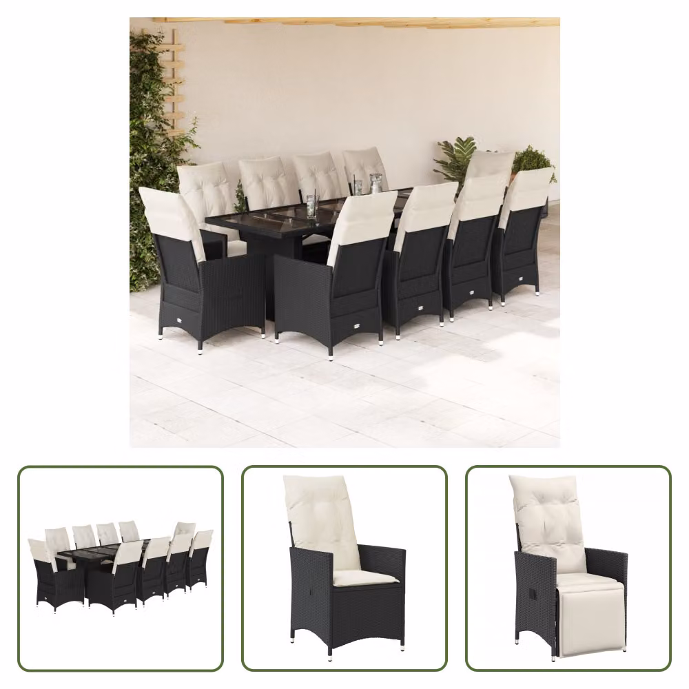 The Living Store Set bistrot da giardino da 11 pezzi con cuscini in poly rattan nero