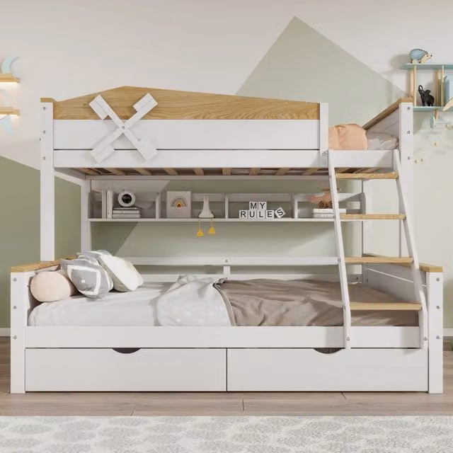 Letto a castello per bambini con mulino, protezione anticaduta, scala a 4 gradini e cassetti, pino e MDF - Bianco e Naturale 90x200/140x200 cm
