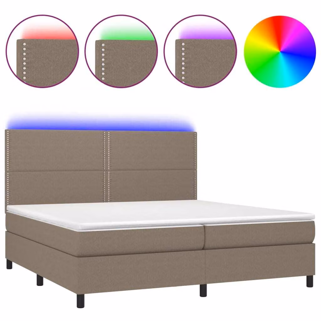 Letto a Molle Materasso e LED tortora 200x200cm in Tessuto