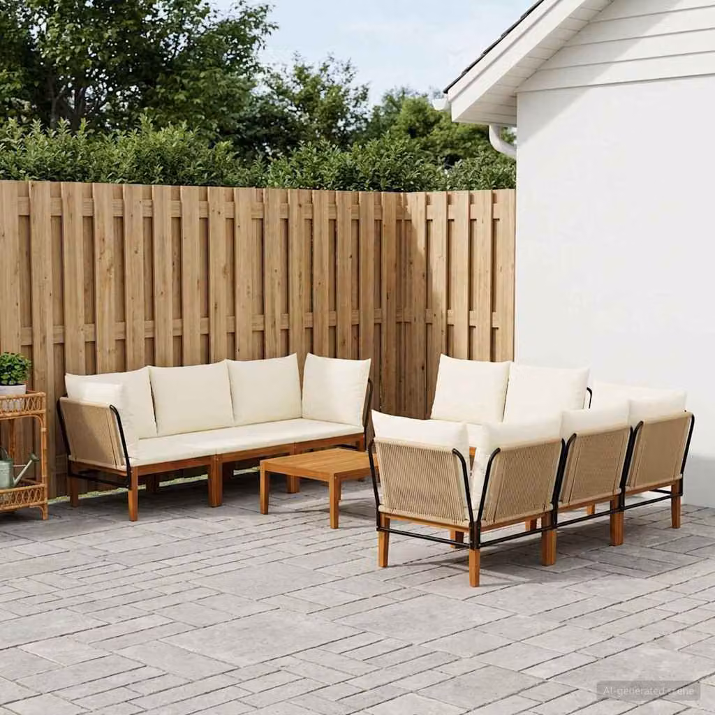 Set da giardino moderno vidaXL in 9 pezzi in legno di acacia e corda, colori beige, bianco e marrone