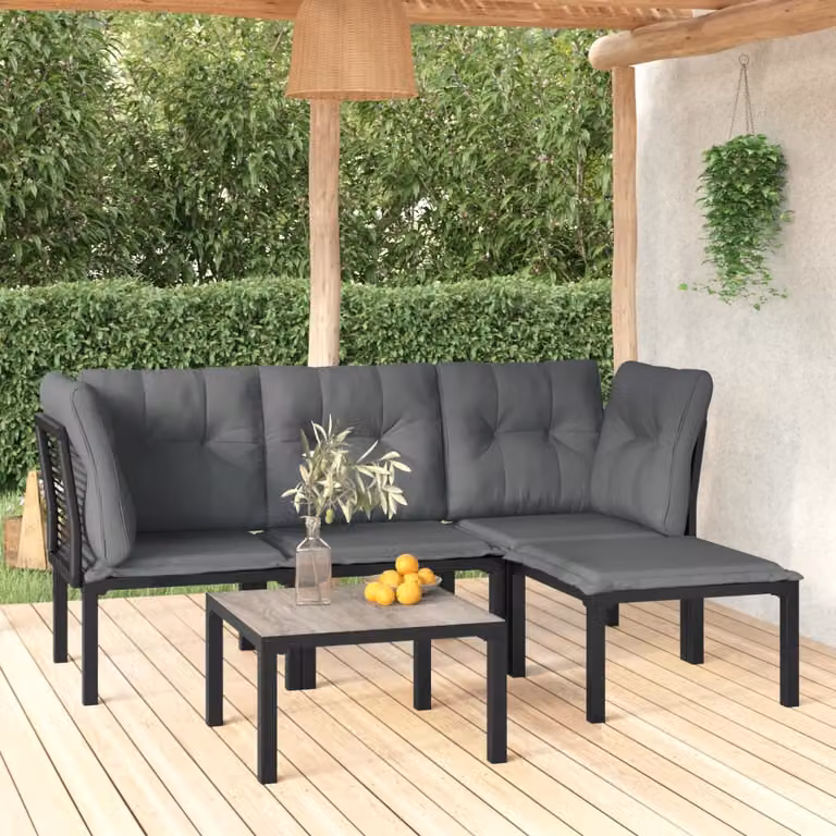 Set Salotto da Giardino vidaXL 5 Pezzi Moderno a Forma di L in Polyrattan Nero e Grigio con Cuscini e Tavolino da Caffè
