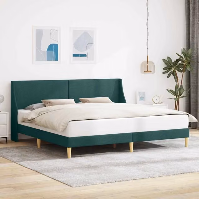 Struttura letto con testiera e giroletto moderno in tessuto verde con doghe in legno – 1