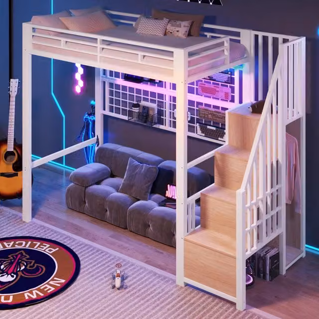 Letto a soppalco 90x200 cm con armadio a scala; griglia appendioggetti e LED in metallo bianco