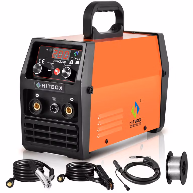 Saldatrice MIG/TIG/MMA - Inverter HBM1200 - 3 in 1 - MIG senza gas con tecnologia Synergy - Velocità di avanzamento filo 3–18 m/min - 34×13,6×24,8 cm - CE - Rosso ruggine