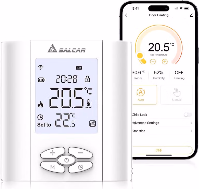 Termostato per radiatori Salcar Smart Home con Wi-Fi, controllo tramite app e comando vocale, compatibile con Alexa e Google Assistant