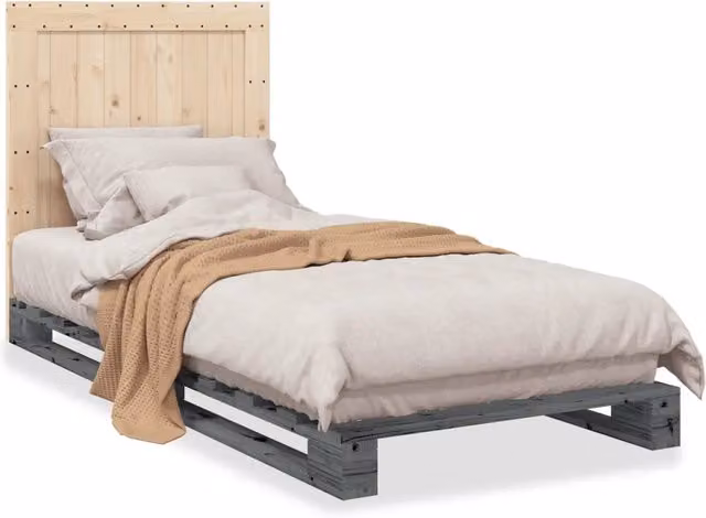 Letto singolo per adulti in legno massello di pino con testiera in tessuto grigio e beige L/P/H: 90 x 200 x 104 cm