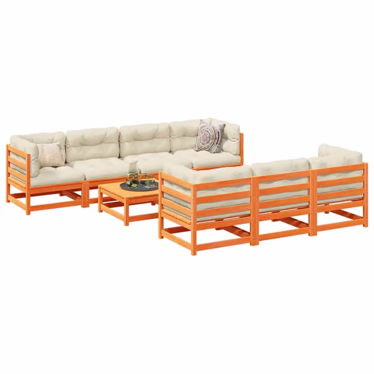 Set di divani da giardino vidaXL 8 pezzi in legno massello di pino con cuscini, composizione a L con pouf e divano a 3 posti, colore marrone, beige e bianco