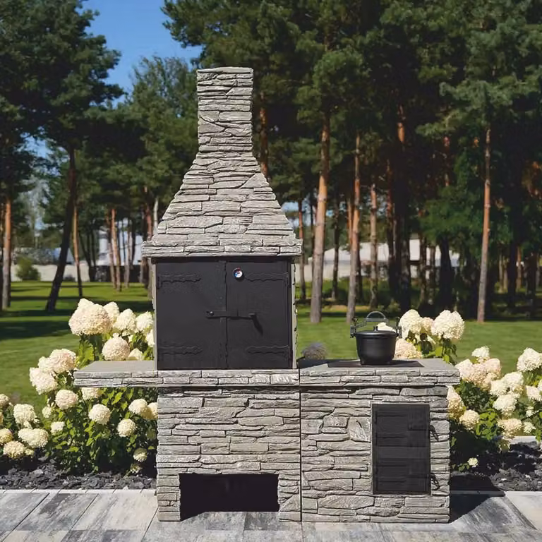 Casa Padrino Barbecue da giardino in cemento Grigio 196 x 58 x H. 188 cm - Barbecue da giardino