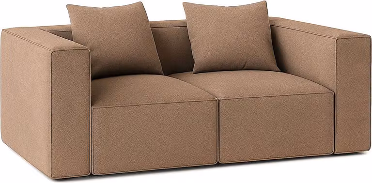 Divano a 2 posti Box, 2 cuscini decorativi beige, marrone.