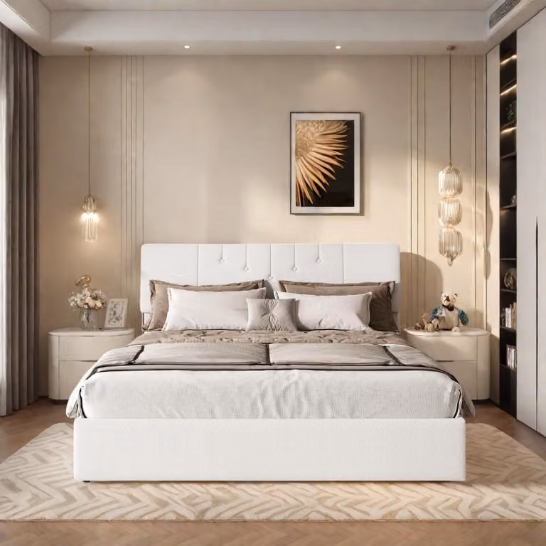 Letto imbottito Fortuna Lai 140x190 cm con contenitore, letto matrimoniale per ragazzi con testiera, illuminazione LED, connessione USB, bianco, lana di pecora, portata 350 kg